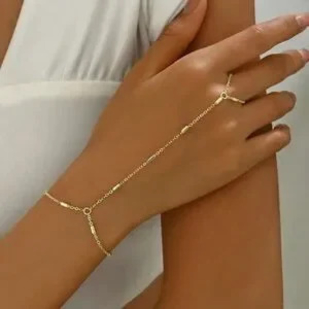 Gold Tone Hand Chain Bracelet Ring Adjustable Link Boho Statement - Picture 2 of 3